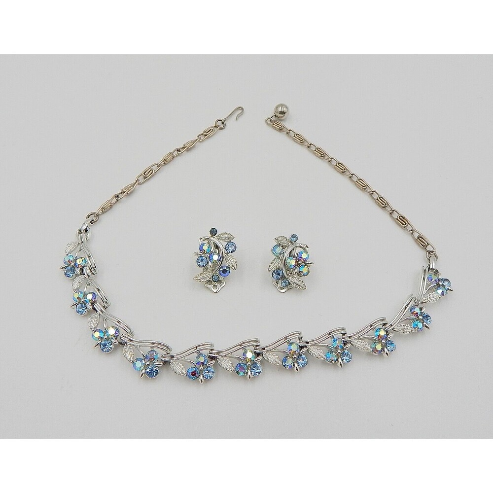 Lisner Aurora Borealis Rhinestones Necklace SilverTone Choker Clip On Earrings